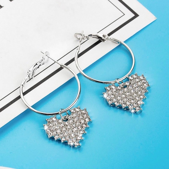 GlitzBlitz Boutique Jewelry - Any 2/$20! Silver Crystal Pave Heart Hoop Earrings